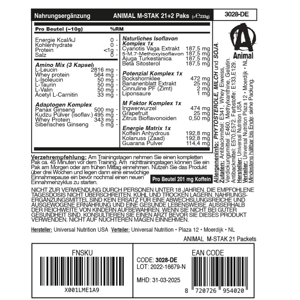 Universal Nutrition ANIMAL M-Stak, unterstützt den Muskelaufbau, geeignet für Hardgainer, Mass Gainer für Gewichtszunahme im Kraftsport, Nahrungsergänzungsmittel, 21 Portionen