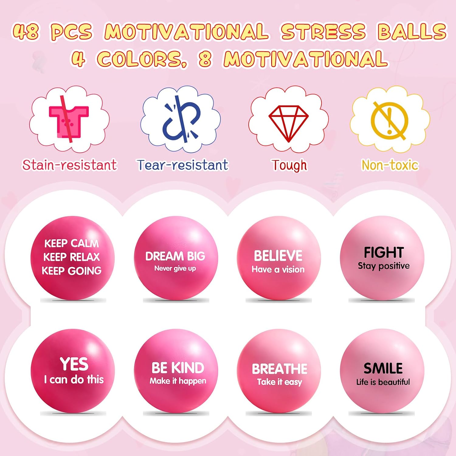 Liliful 48 Pcs Motivational Stress Balls Bulk Inspirational Squeeze Balls for Adults Anxiety Relief Fidget Toys Office Employee Gifts Classroom Rewards 2.2 Inch (Pink)