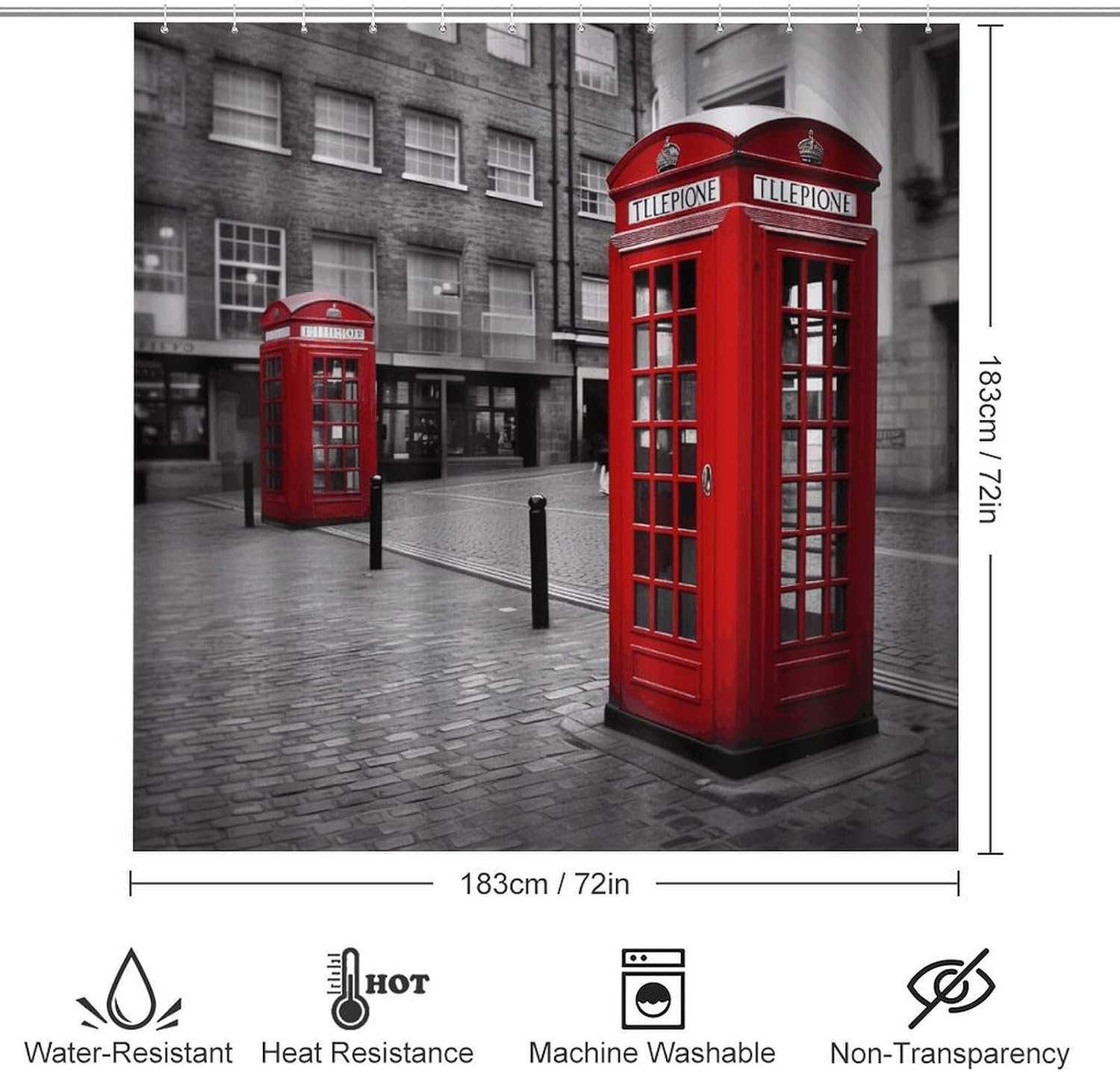 London Red Telephone Booth Bath Rug Set 4 Piece,Bathroom Accessories Set-Toilet Rugs U Shaped,Toilet Lid Cover,Shower Curtain and Rugs,Ultra Soft, Absorbent,Home Decor