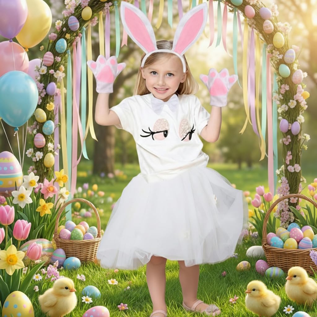 AMOR PRESENT 5PCS Easter Bunny Costume Kids, Bunny Ears Headband Bowtie Paws Tail Cosplay Accessories for Easter Party Supplies