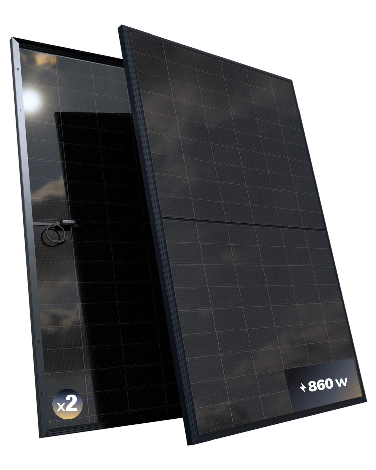 2 paneles solares bifaciales de 430W - Tecnología TOPCon - Rendimiento del 22% - Cables de 1,2m - ALLBLACK 2SX Model