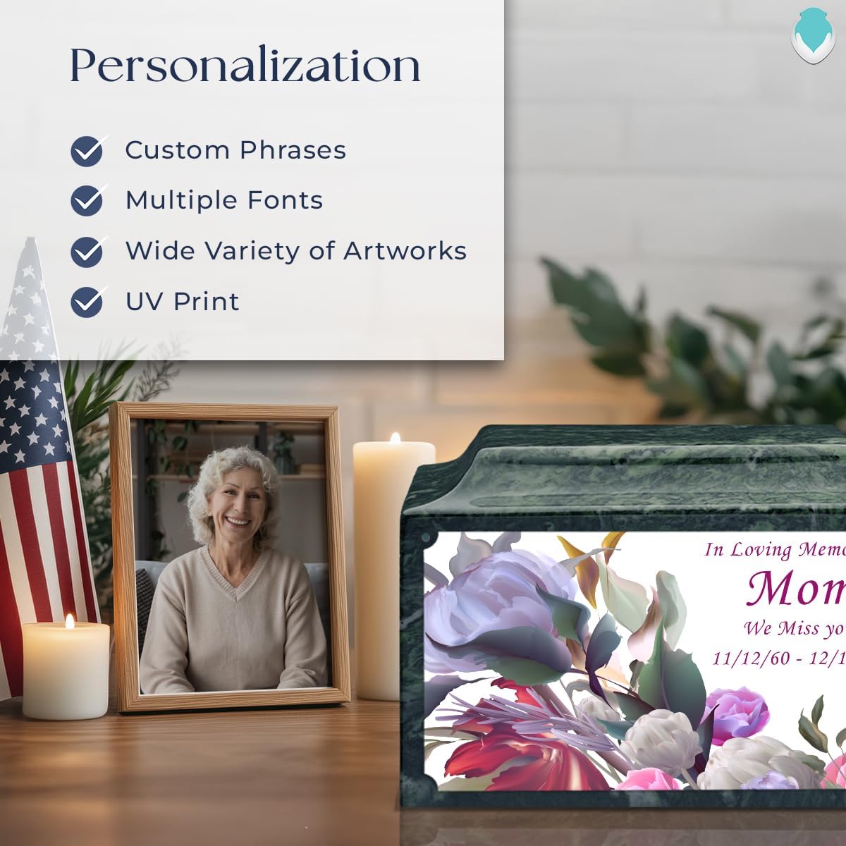 GetUrns – Legacy Cultured Marble Urn by Mackenzie, Adult Size Cremation Urns, Custom UV Printed Burial Urn for Ashes, 210 Cubic Inch Cemetery Urns for Ashes, Modern Flowers, Evergreen