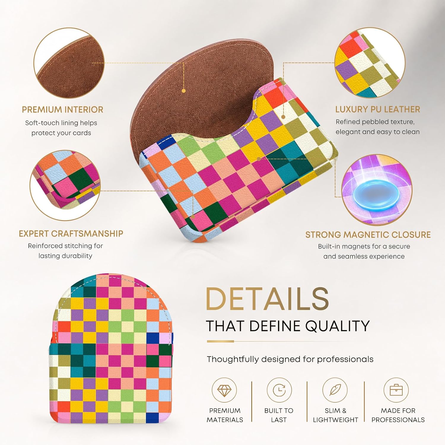 Business Card Holder，PU Leather Business Card Case Purse Colorful Checkered