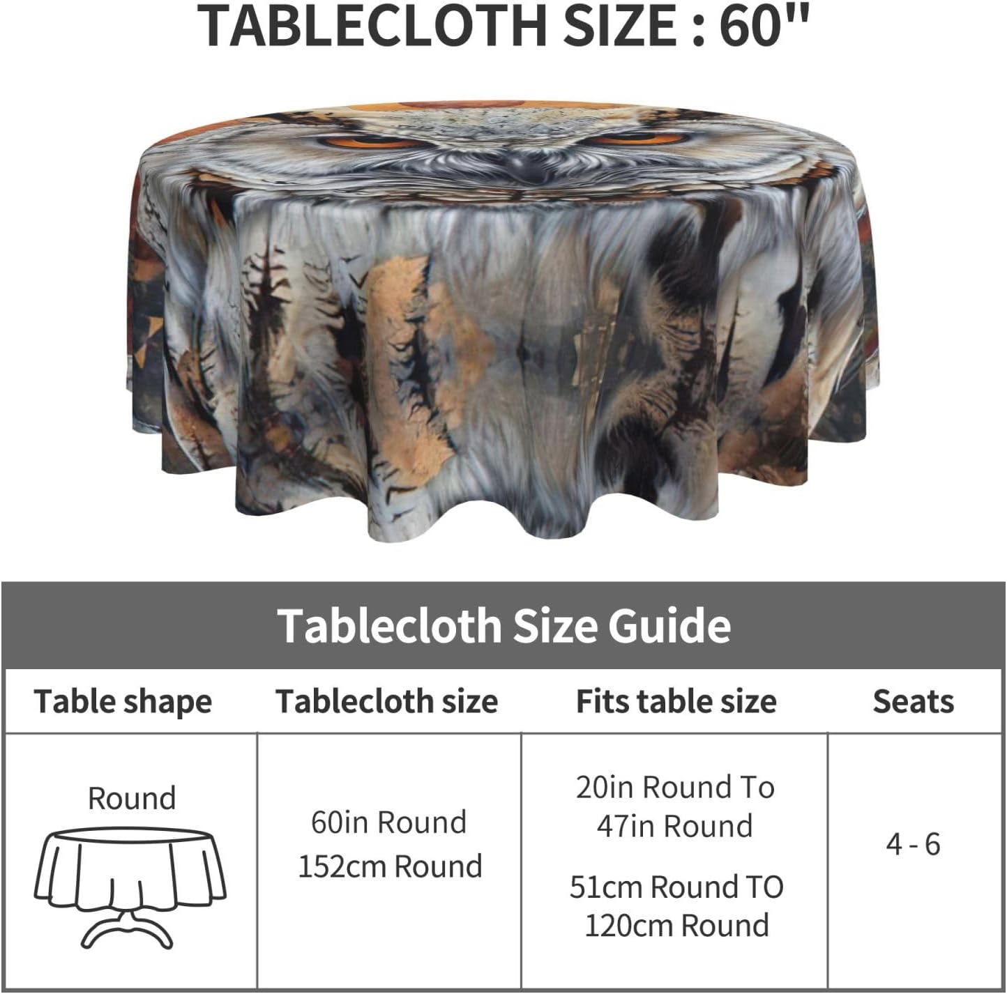 Owl Beliefs Print Wrinkle Free Dining Table Cover for Birthday Party Farmhouse Tablecloths Up to 60 x 60 Inches