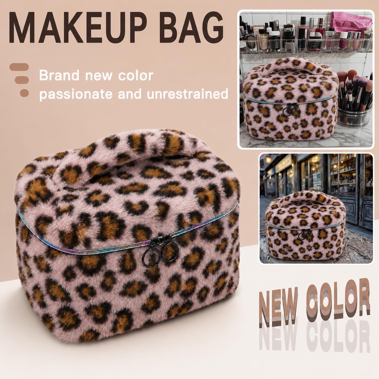 Plush Travel Makeup Bag Toiletry bag for Women Soft Fluffy Cosmetic Bag Portable Foldable (Pink) image 5