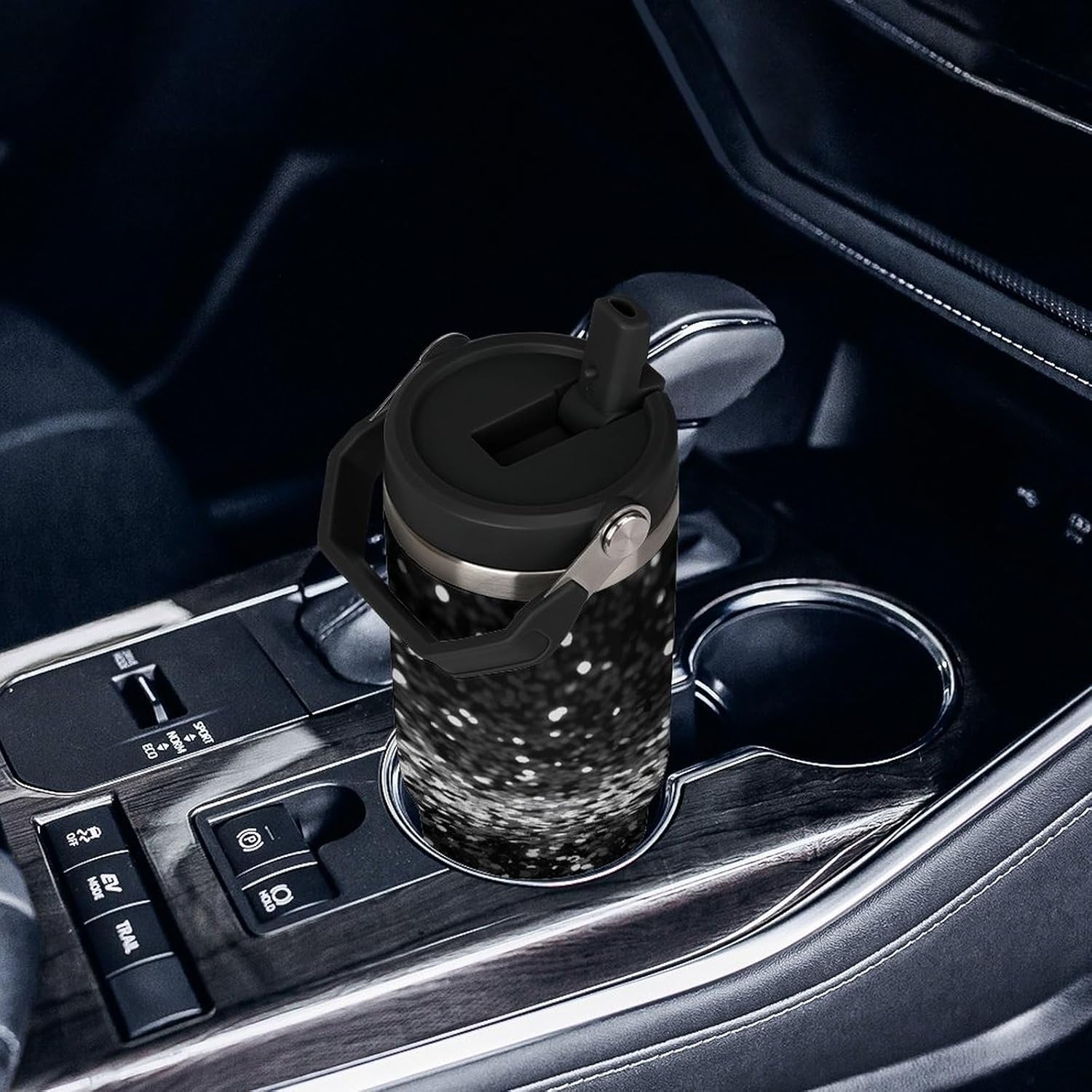 Black White Glitter Water Bottle 30 Oz Fits Car Cup Holder,Insulated Coffee Mug Large Capacity Car Cups,Stainless Steel Double Wall Sport Bottle for Travel Sports Gym