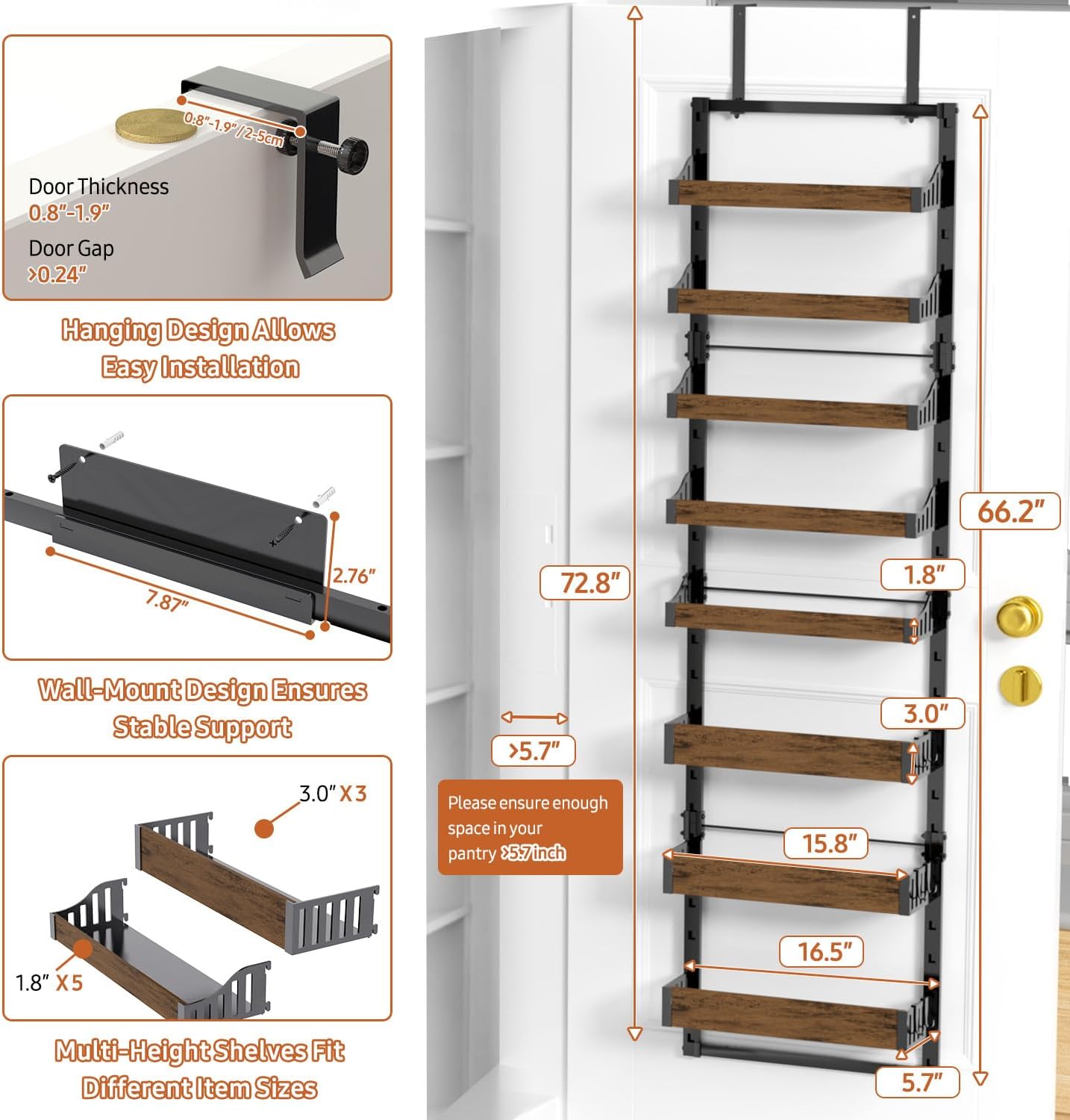 Over the Door Pantry Organizer: Storage and Pantry Organization with Hanging Basket - 8-Tier Metal Spice Rack Adjustable Shelves for Kitchen Laundry Room Bedroom & Bathroom Black