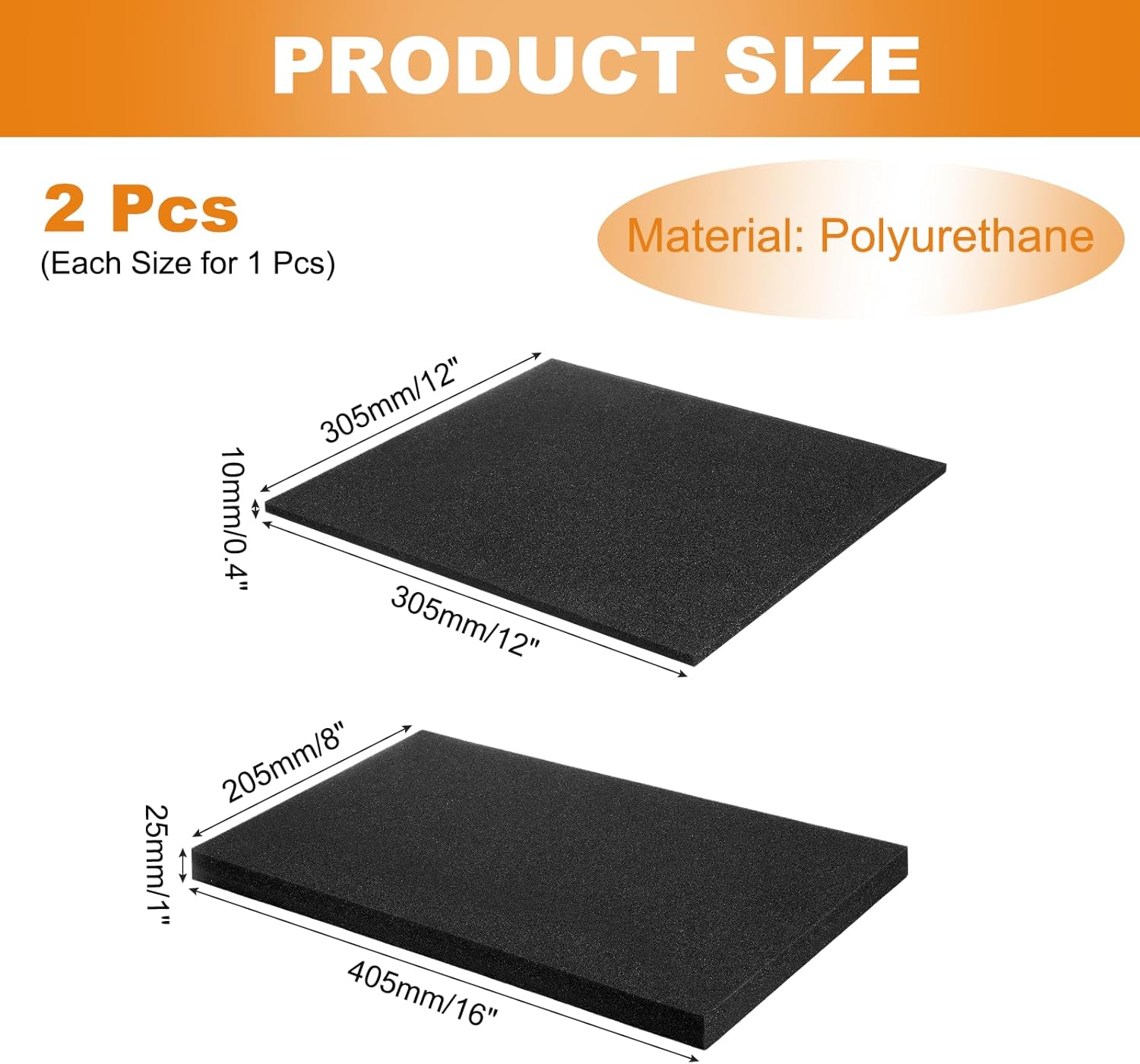 MECCANIXITY 2 Pcs Polyurethane Foam Inserts, 16"Lx8"Wx1"T & 12"Lx12"Wx0.4"T Cuttable Polyurethane Pick and Pluck Packing Sheets Cushioning Padding for Cases Tool Box Game Box Camera(Black)