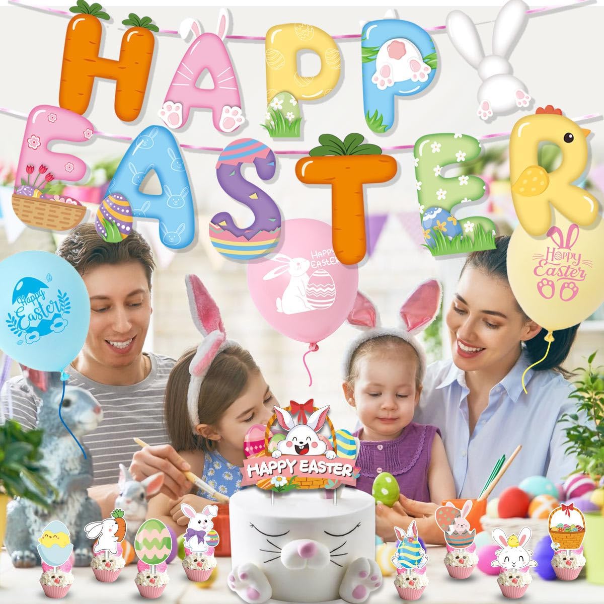 23 Pieces Happy Easter Decorations Set, Easter Party Supplies with Happy Easter Banner, Easter Hanging Banner Pack, Large Easter Balloons for Indoor Outdoor Kids Easter Day Party.
