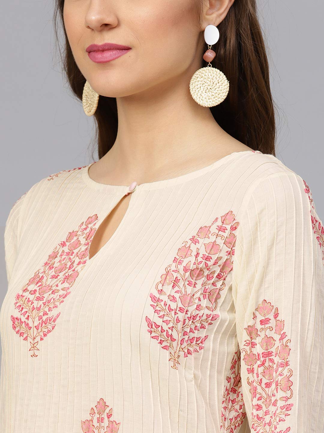 Idalia Cream And Baby Pink Hand Block Print Kurta With Cotton Pants