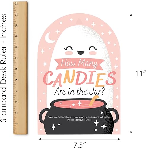 Miniatura 8 de Big Dot of Happiness Pastel Halloween - Juego de fiesta de calabaza rosa cuántos caramelos - 1 soporte y 40 cartas - Juego de adivinanzas de dulces