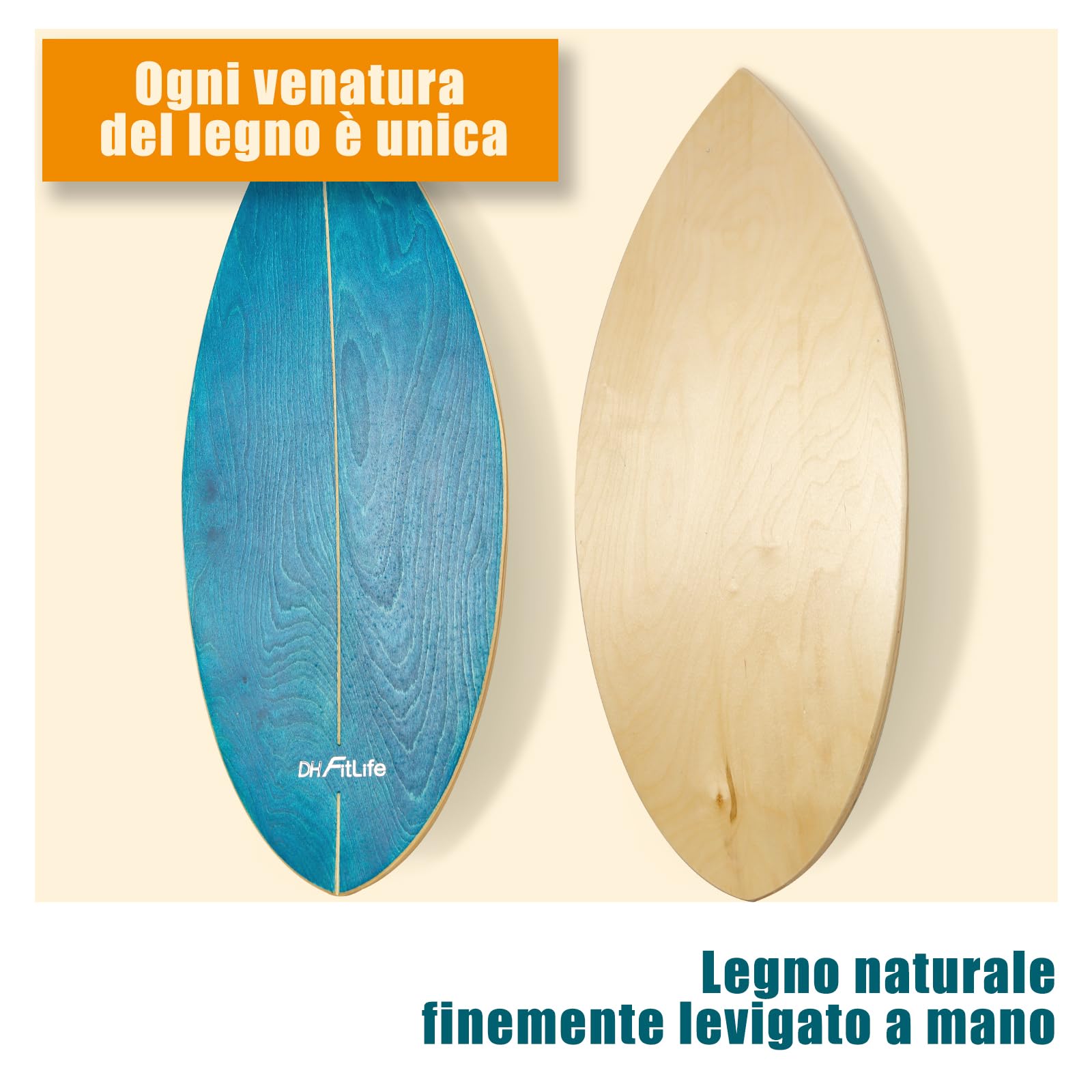 DH FitLife Balance Board in Legno Massello | Tavola da Surf Indoor con Forma Rocker | Tavola da Equilibrio Oscillante per Adulti | Divertimento e Allenamento a Casa