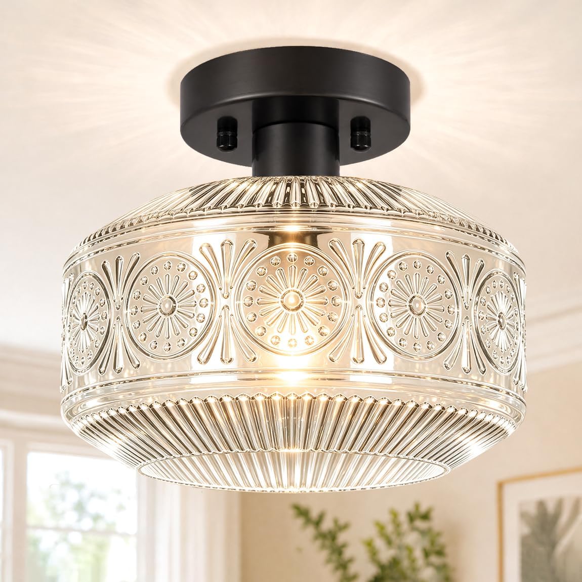 DSMJFU Semi Flush Mount Ceiling Light, Vintage Small Ceiling Light Fixture, Thickened Glass Hallway Lighting Fixture, Black Kitchen Ceiling Mount Light for Entry Way, Bedroom, Bathroom, Porch