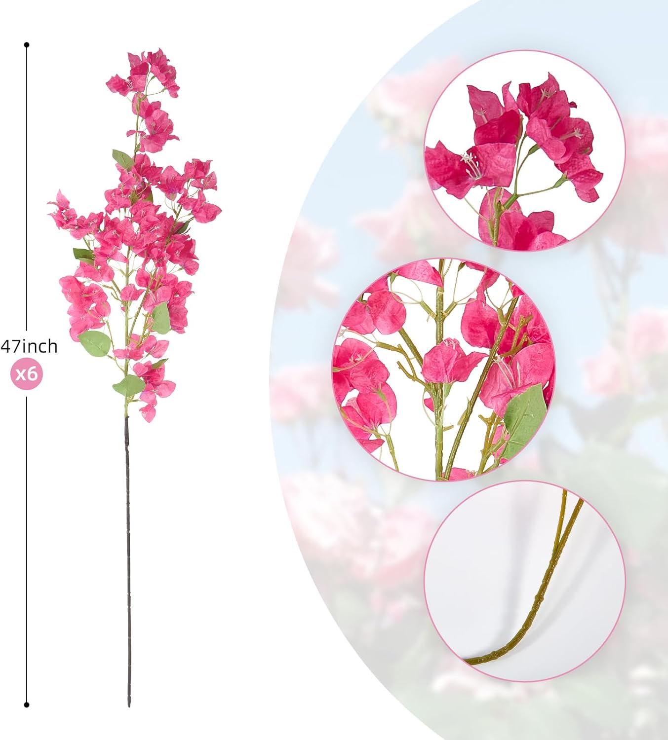 6PCS Silk Bougainvillea Artificial Flowers, UV Resistant, Long Stems Faux Flower, Realistic Fake Bougainvillea Vines, for Wedding Porch Home Party Garden DIY Decor - 47.2 inch (Fuchsia)