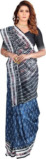 BTHIKIRI Odisha Sambalpuri Handloom Ikat Women's Cotton Saree, Odisha Handloom Handmade Pure Cotton Khandua Saree, Ikkat O...