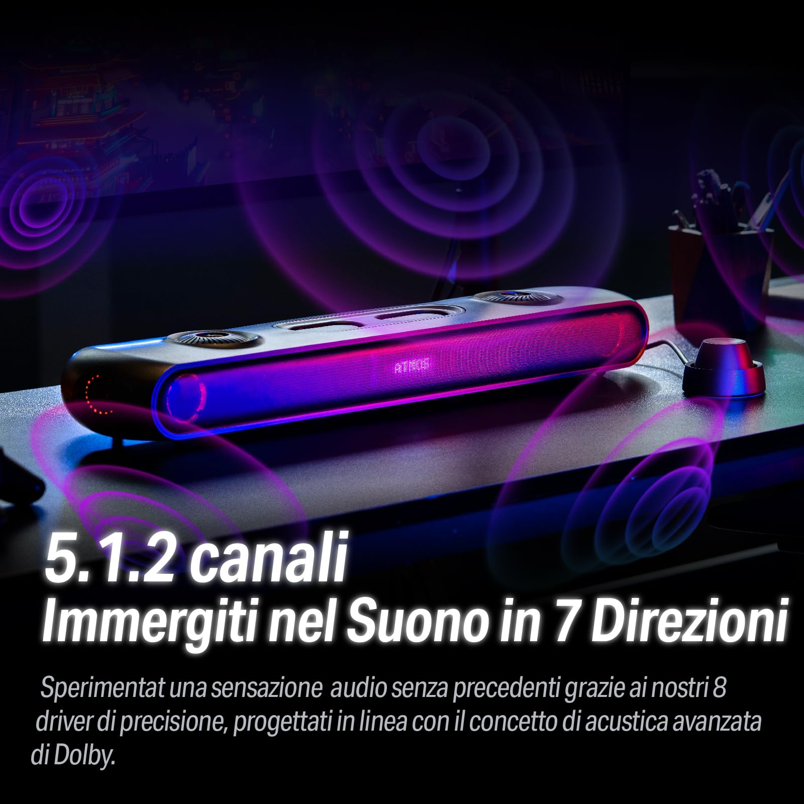OXS Thunder Pro 5.1.2 Soundbar da Gioco, Bassi Migliorati, Connessione multi-Dispositivo Bluetooth, Subwoofer integrato, 3 Modalità Pro Gamer, Design Elegante, per PC, Console di Gioco