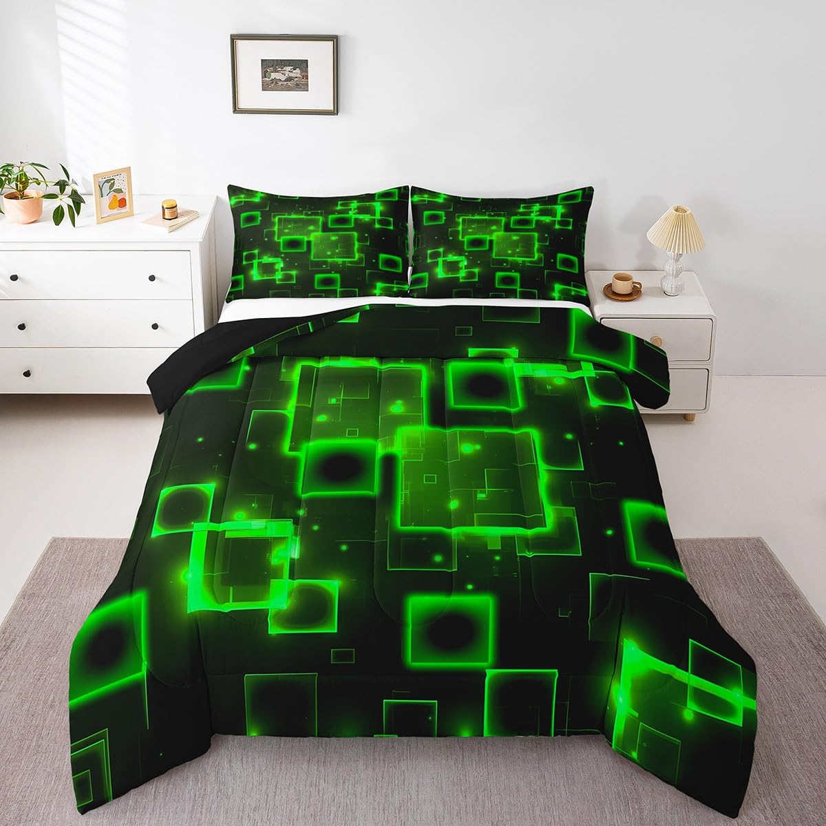 Feelyou Geometric Green Black Comforter Set King Size, Kids Light Honeycomb Bedding Set Geometrics Comforter Abstract Duvet Insert Bed Set 3Pcs