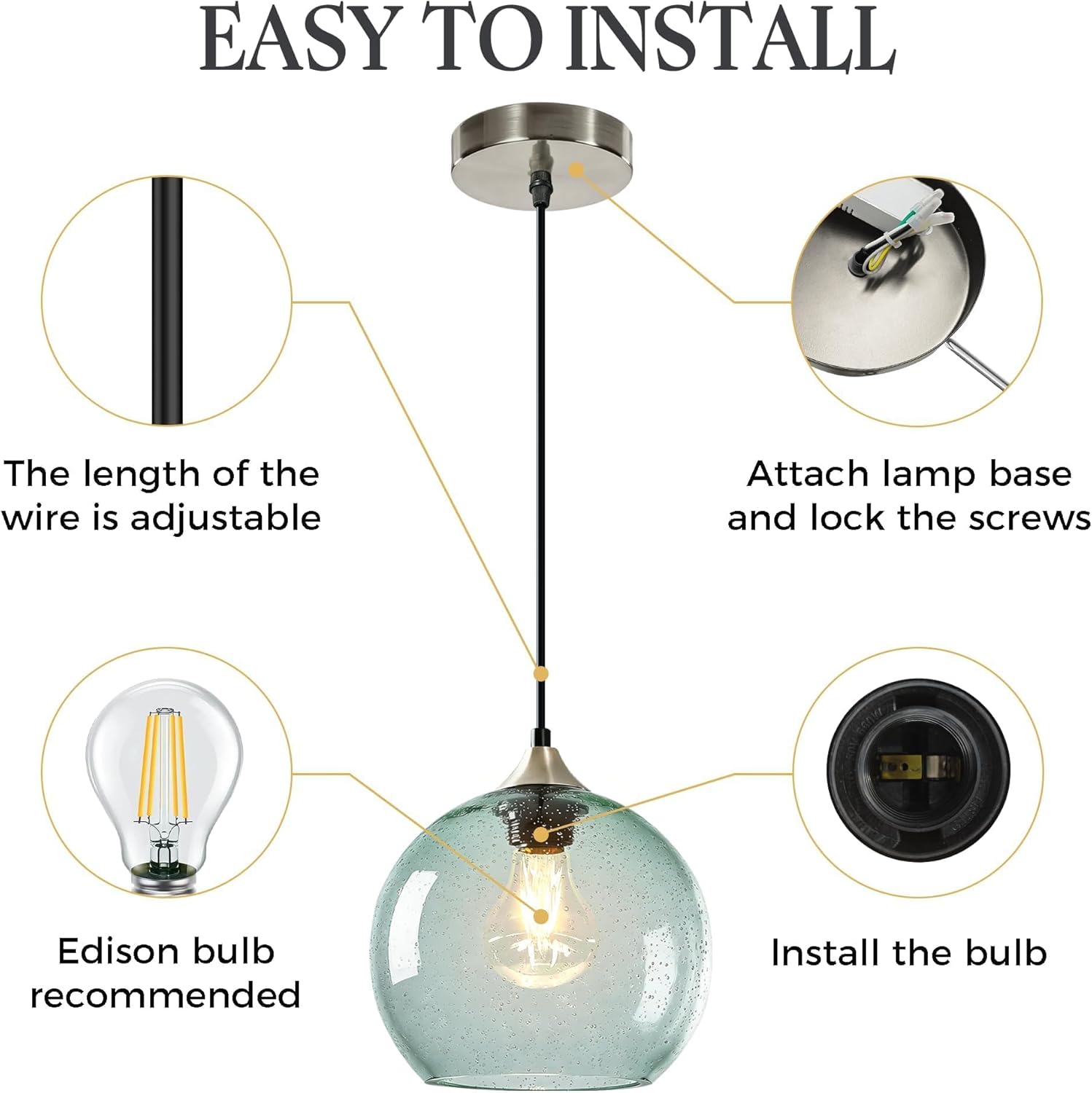 7.1in Medium Light Green Glass Pendant Light for Kitchen Island, 3-Pack with Extra LED Bulbs & 4.92ft Adjustable Cord | Modern Minimalist Lighting for Dining Room, Living Room, Entryway