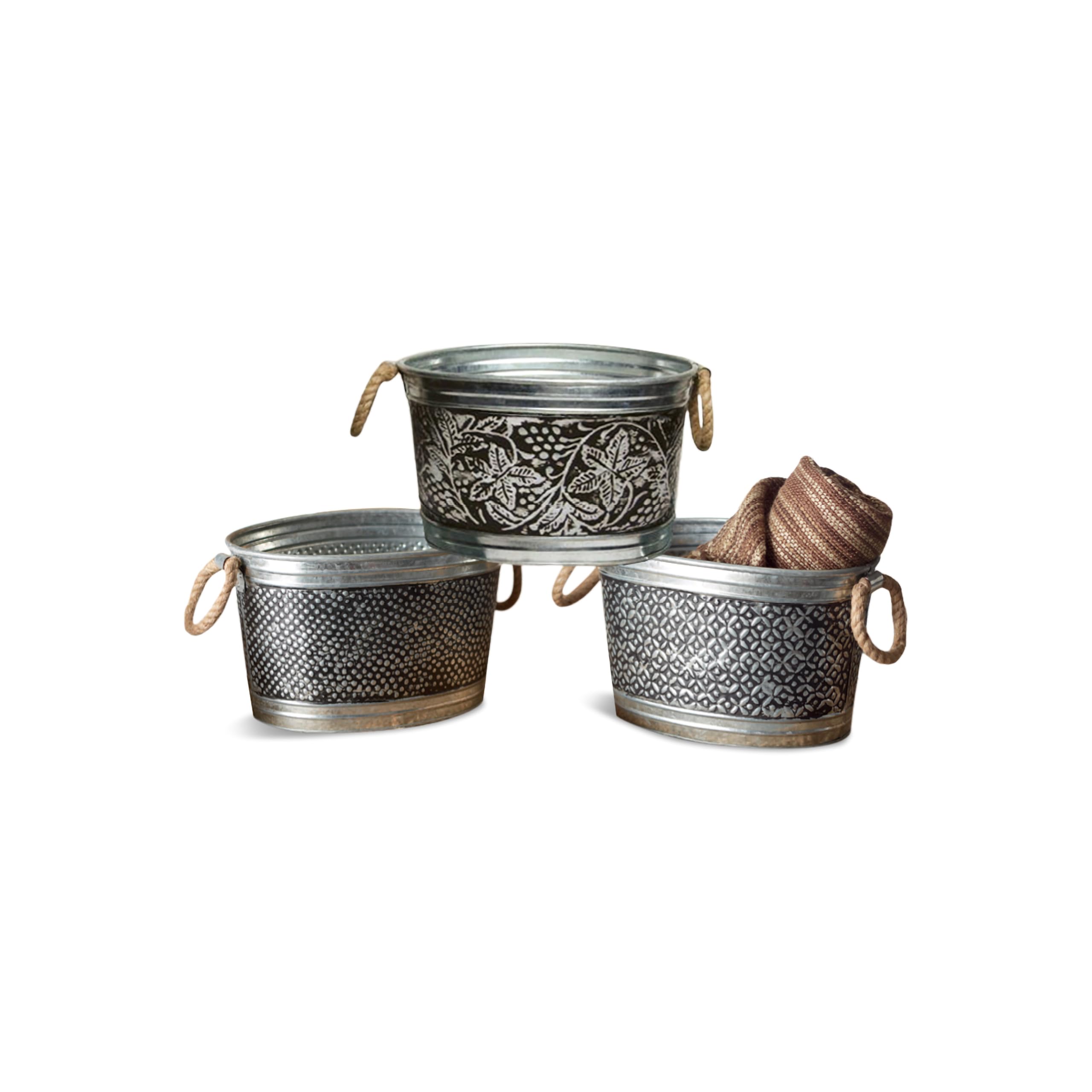 India Handicrafts 13306-SET3 Polka Dot Diamond Floral 13 x 10.25 x 7.75 Inches Each, Jute Rope Wrapped Handles, Metal Beverage Party Bucket Tub Organization Storage Bin, Kitchen Décor, 3 Piece Set