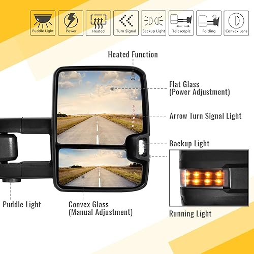 Miniatura 2 de Espejos de remolque para Dodge Ram 1500 2002-2008, Dodge Ram 2500 3500 2003-2009 con función de vidrio eléctrico calentado, luz de señal de giro,