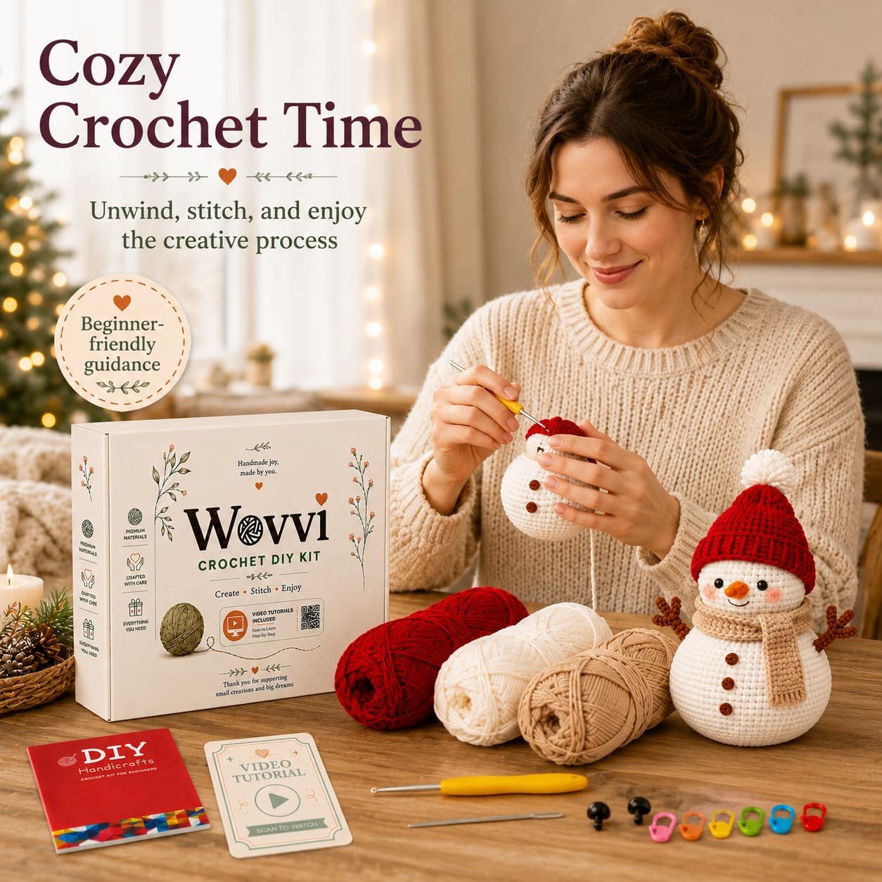 Wovvi Beginner Crochet Kit, DIYChristmas Snowman Crochet Kit, Handmade Gift