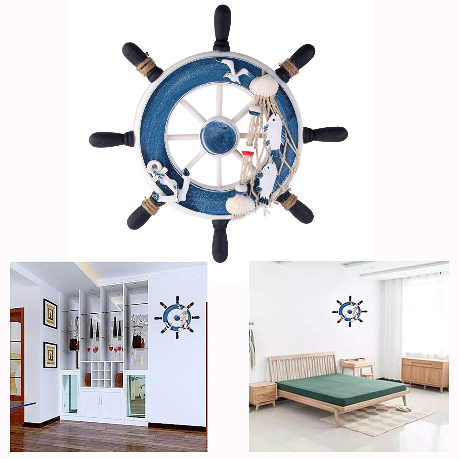 Voarge Aestm Wall Decoration Steering Wheel Wooden Steering Wheel Decoration with Fish Net Ship Steering Wheel Decoration Maritime Decoration Nautical Boat House Garden Decoration - Image 4