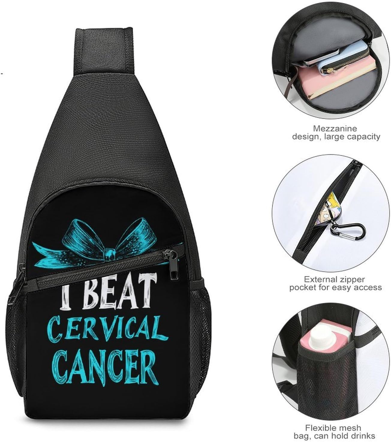 Cervical Cancer Warrior Crossbody Sling Backpack Chest Bag Daypack | unisex,trendy,with convertible and detachable shoulder strap,side pockets