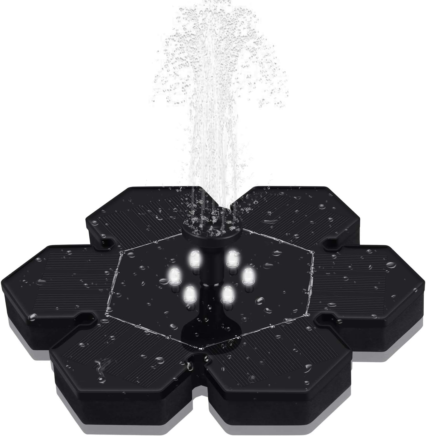 GOOJODOQ Solar Fountain Pump (Upgraded),2.4W Polygon Garden Floating Solar Water Pump Built-in Battery, with 4 Nozzles for Ponds, Swimming Pools, Gardens, Fish Tanks etc.
