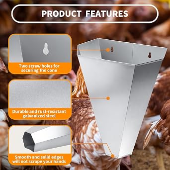 Large-Sized Galvanized Steel Chicken Restraining Cone for Poultry, Suitable for Large Layers, Broilers, Roasters, and Turkeys Up to 14 Pounds - Flat-Back Killing Cone, Easy to Clean