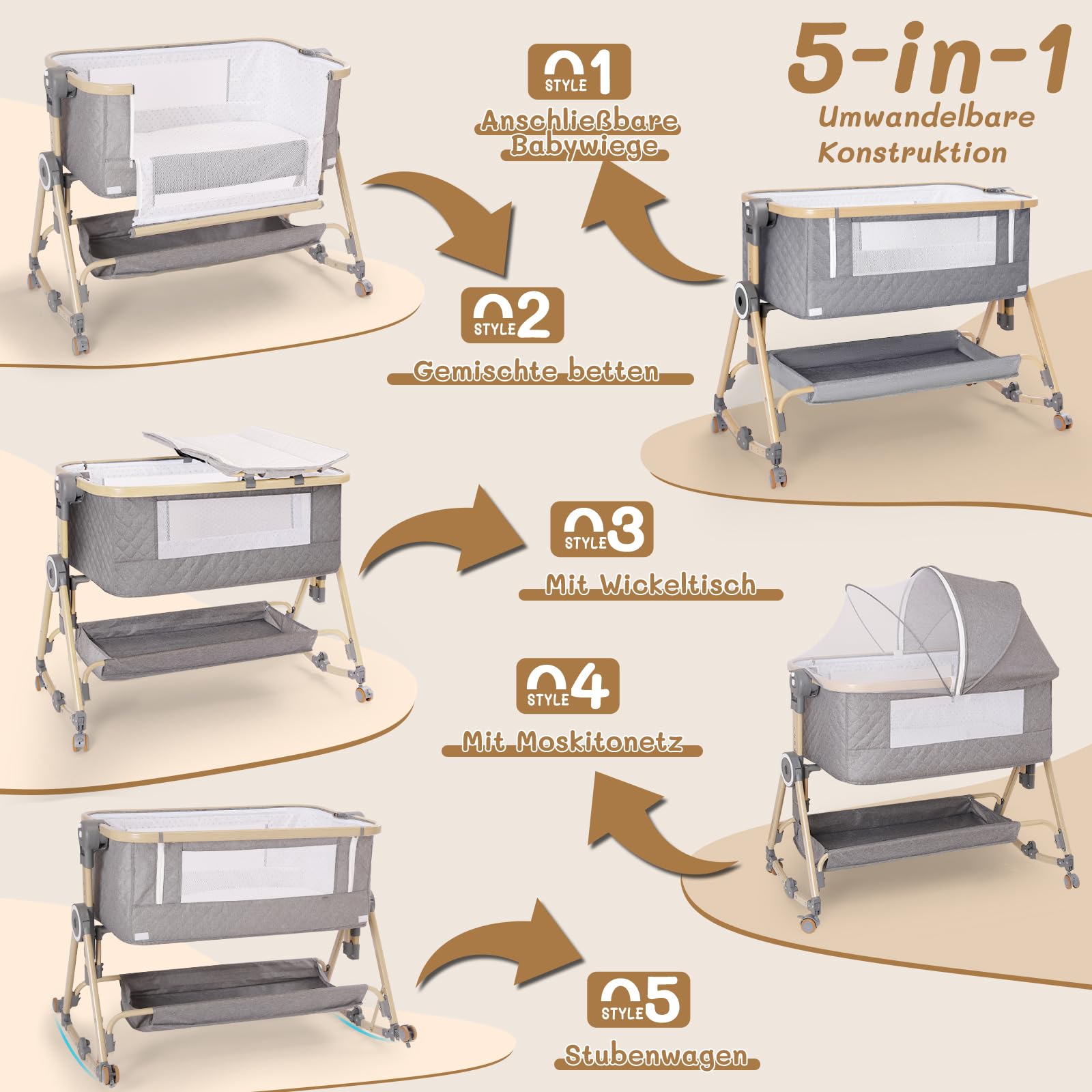 HOLAVIDA 5 in 1 Beistellbett Baby, Höhenverstellbare Babywiege, Stubenwagen Baby mit Wickeltisch, Aufbewahrungskorb, Moskitonetz, Matratze, Tragbar Reisebett für Neugeborene/Kleinkinder (Grau)