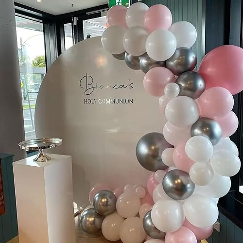Vista 4 de Kit de arco de globos rosa y plateado, kit de guirnalda de globos de color rosa macarrón plateado metálico, globos de látex de helio de diferentes