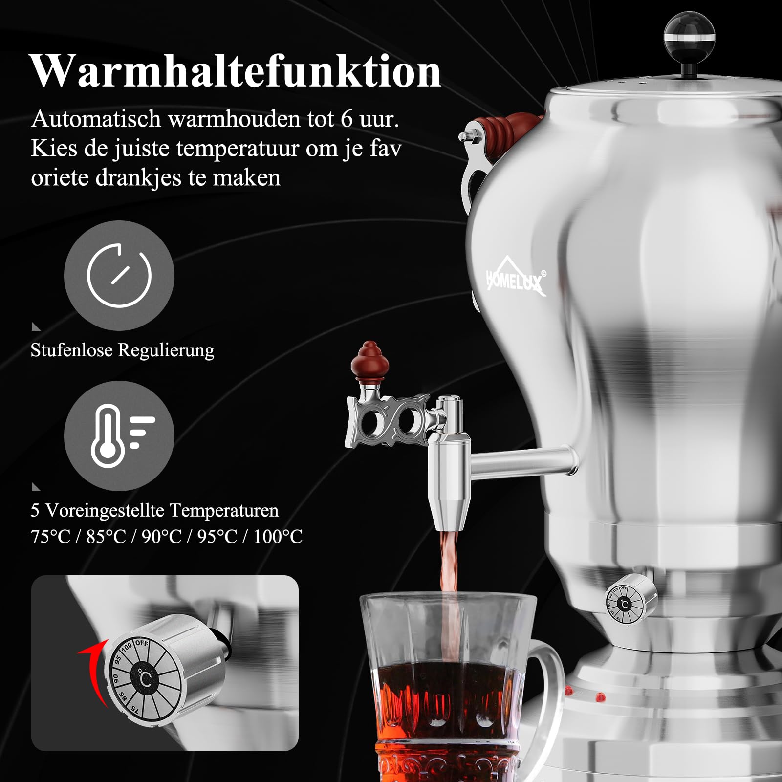 HOMELUX Samoware Edelstahl Elektrischer, 1850W Türkische Teekannen, 2.5L +1.2L Teemaschine Teekocher Wasserkocher mit Warmhaltefunktion, Intelligente Temperaturregelung, Trockengehschutz