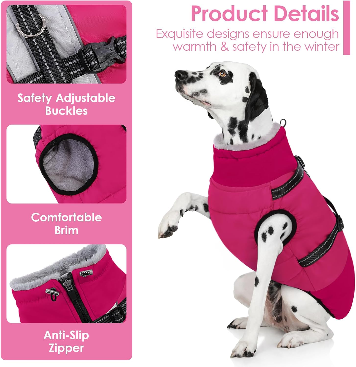 AOFITEE Dog Coat, Windproof Turtleneck Dog Jacket with Built in Harness, Reflective Dogs Jackets with Fleece Lining, Waterproof Pet Winter Coat for Cold Weather for Border Collie, Beagle, Hot Pink XL