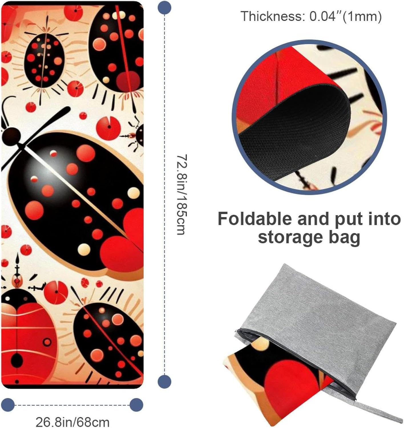 Yoga Towel, Ladybug Pattern Non Slip Sweat Absorbent Hot Yoga Mat Towel for Hot Yoga, Pilates and Fitness - 72.8" x 26.8"