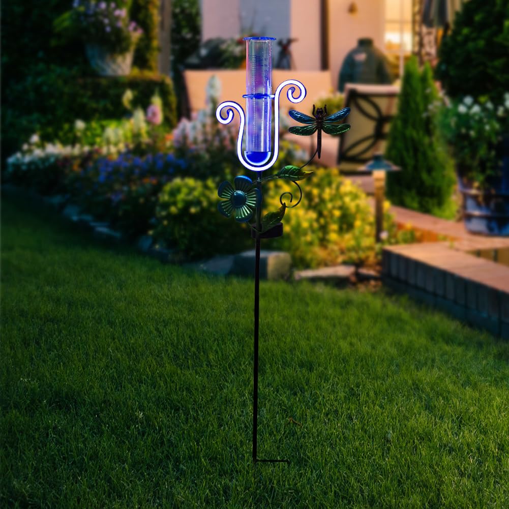 Pluviometro per esterni, pluviometro solare con luci al neon a LED, capacità 17,8 cm, antigelo, per patio, giardino, cortile, misurazione delle precipitazioni