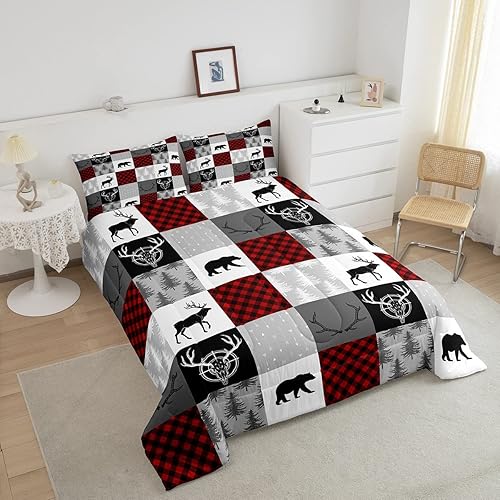 Miniatura 4 de Castle Fairy Juego de edredón de tamaño Queen con diseño de oso de ciervo a cuadros, juego de ropa de cama de retazos con 2 fundas de almohada,