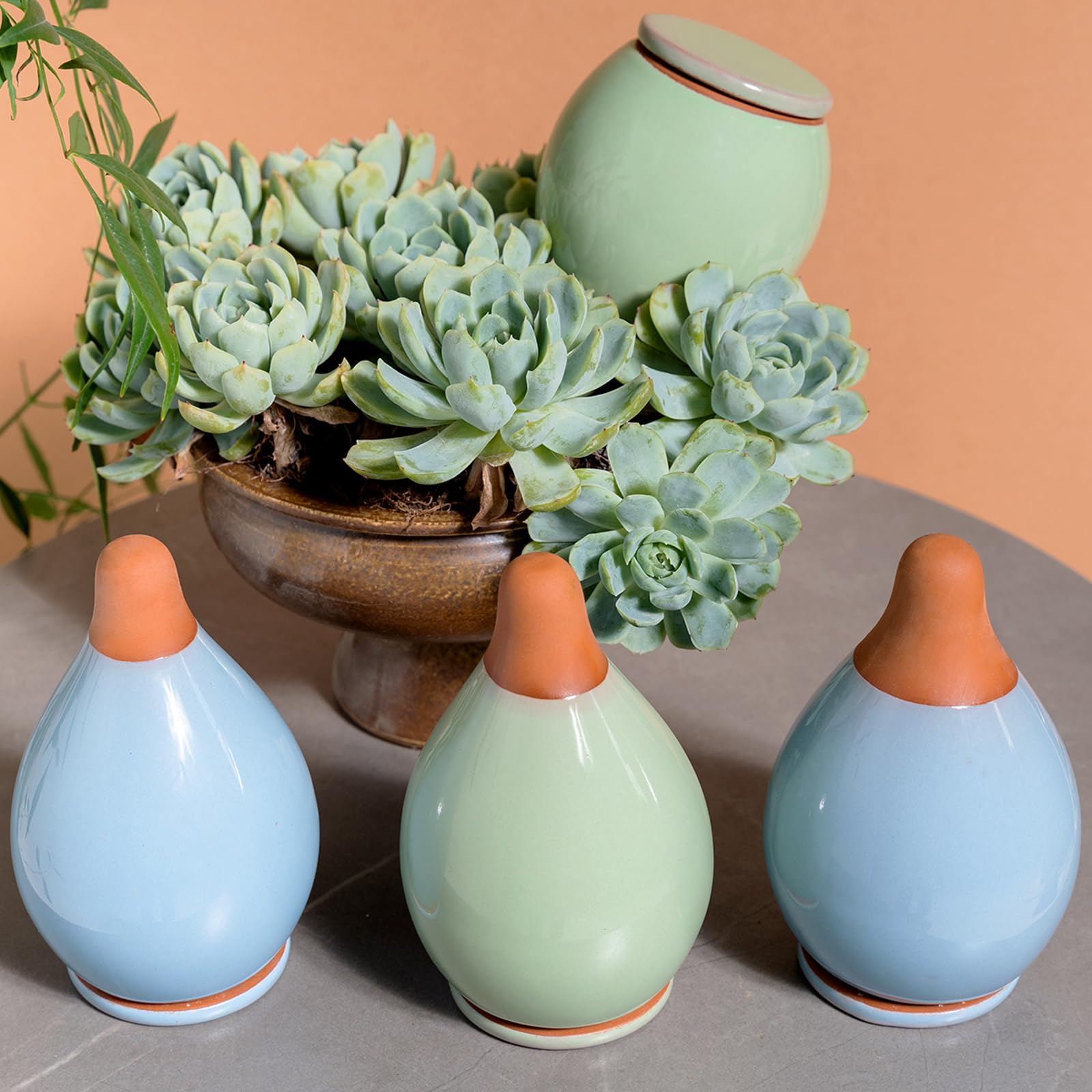 MOUGIGI Lot de 4 inserts de pot à arrosage automatique – 2 globes d'arrosage bleus et 2 verts en céramique pour plantes d'intérieur, bulbes en terre cuite et petits pots de fleurs – Capacité de 300 ml