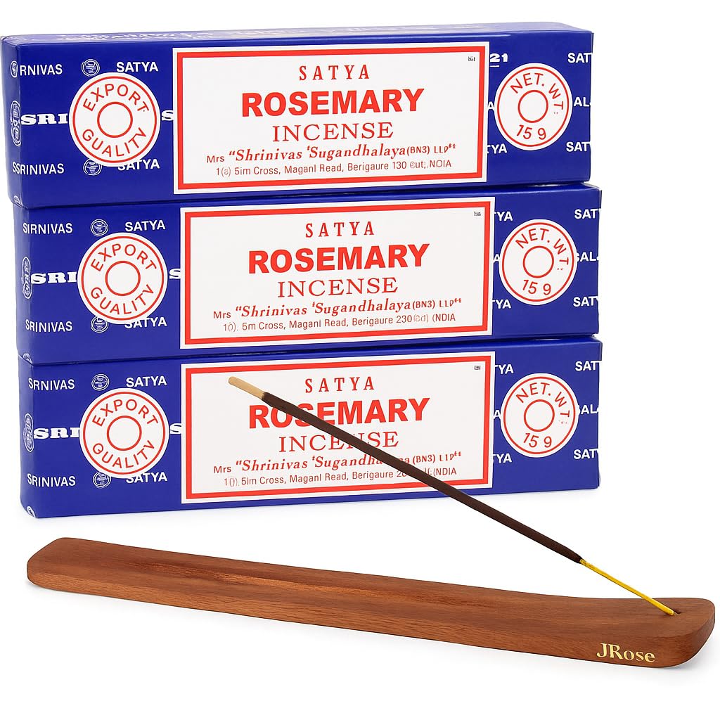 Satya Rosemary Incense Sticks 3 Pack (15g Each) with JRose Wooden Burner – Aromatherapy, Meditation, Relaxation & Home Fragrance