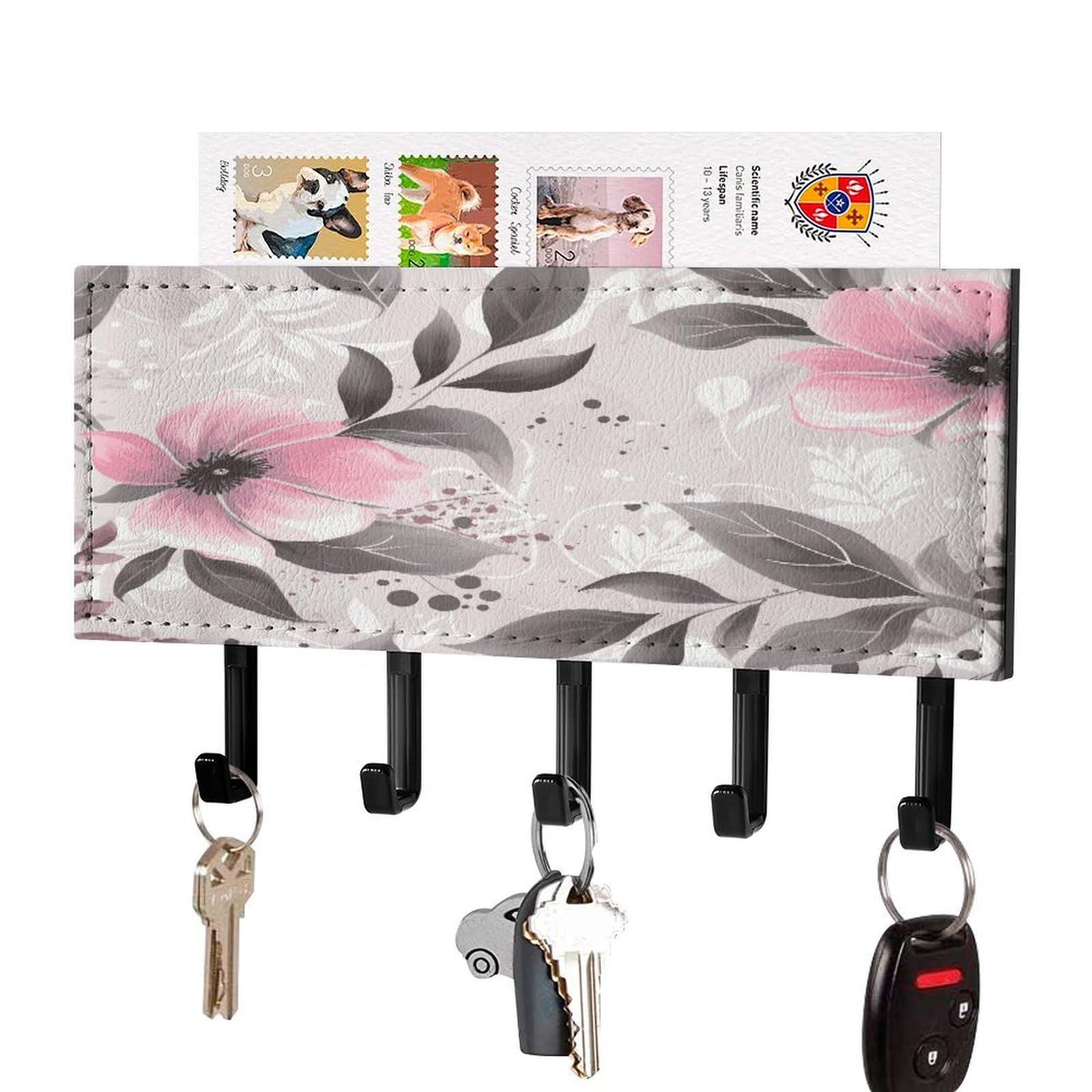 Pink Flowers And Leaves on Gray Key Holder Wall Mount Decorative Key And Mail Holder with 5 Hooks Key Hanger Organizer Pu Key Rack Decorative Home Decor for Wall Living Room Entryway Office Black-styl