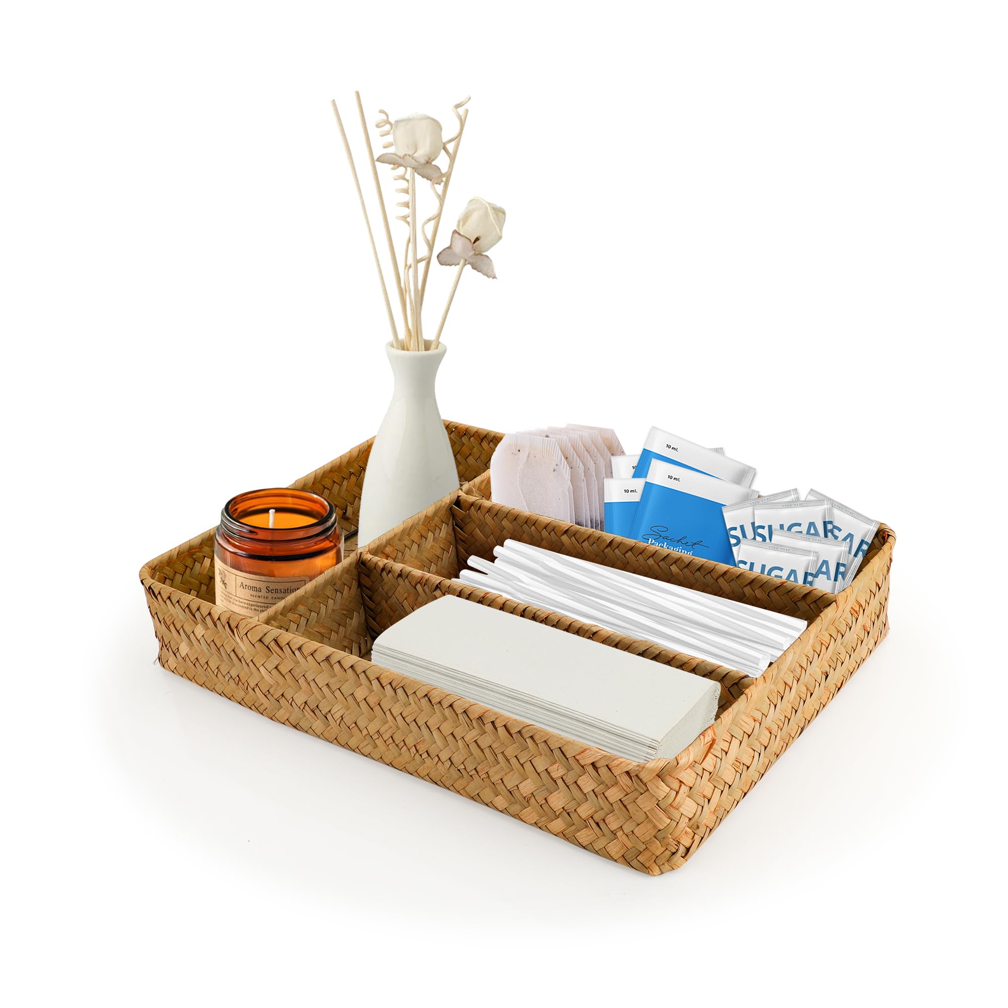 Ykukizee Natural 4 Sections Rectangular Seagrass Storage Baskets, Rectangular Rattan Storage Basket Tray Handmade, Woven Wicker Storage Baskets For Shelf Bathroom Toilet Makeup Tank Top Organizer 35X25x6 Cm
