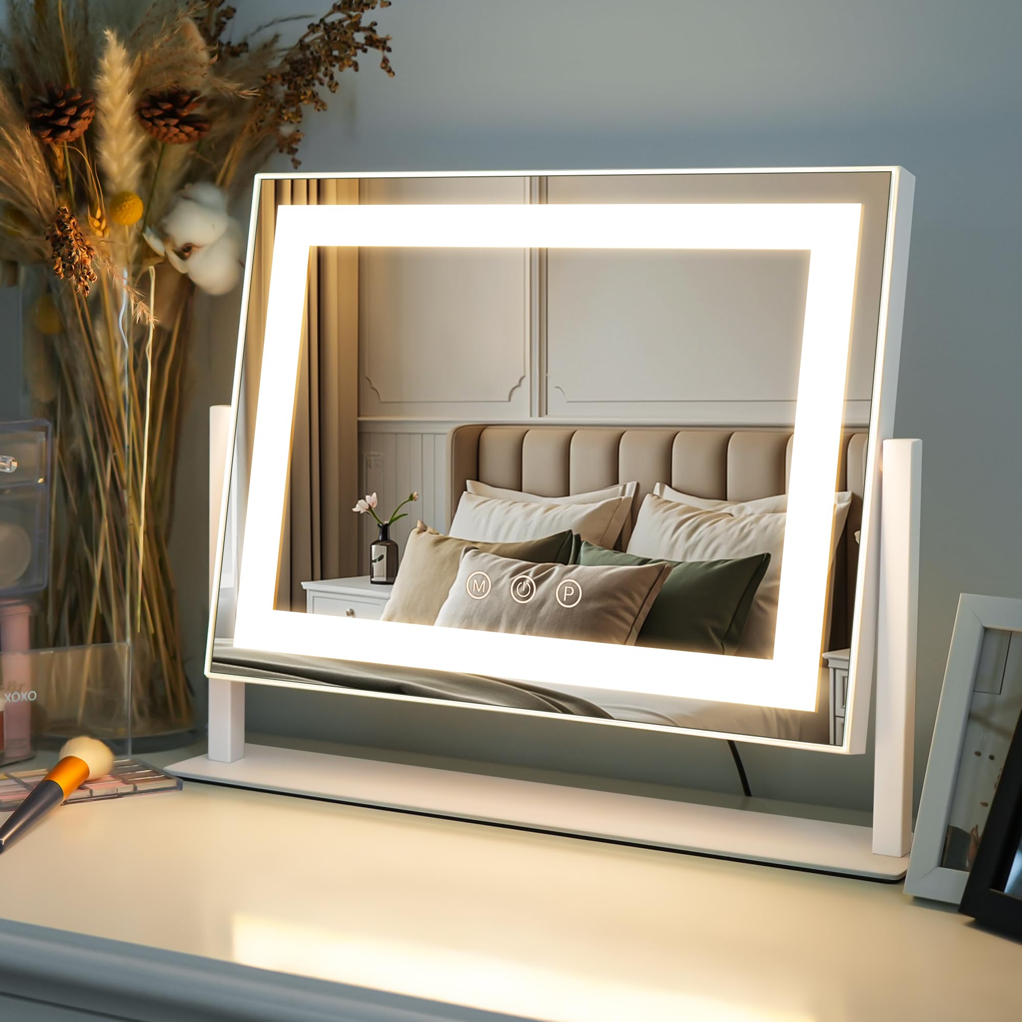 LuxeVue Espejo de Maquillaje con Luces, Espejo de Tocador con 3 Modos de Iluminación, Espejo con Luz, Sensor Táctil, Giratorio 360°, Marco de Metal, Regalo para Mujeres