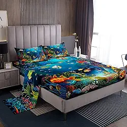 Conjunto de lençóis infantis completo com desenho animado oceano peixe oceano conjunto de roupa de cama temática marítima para meninos e meninas, macio e aconchegante, conjunto de lençóis do mundo subaquático com bolso profundo da vida marinha, vibrante