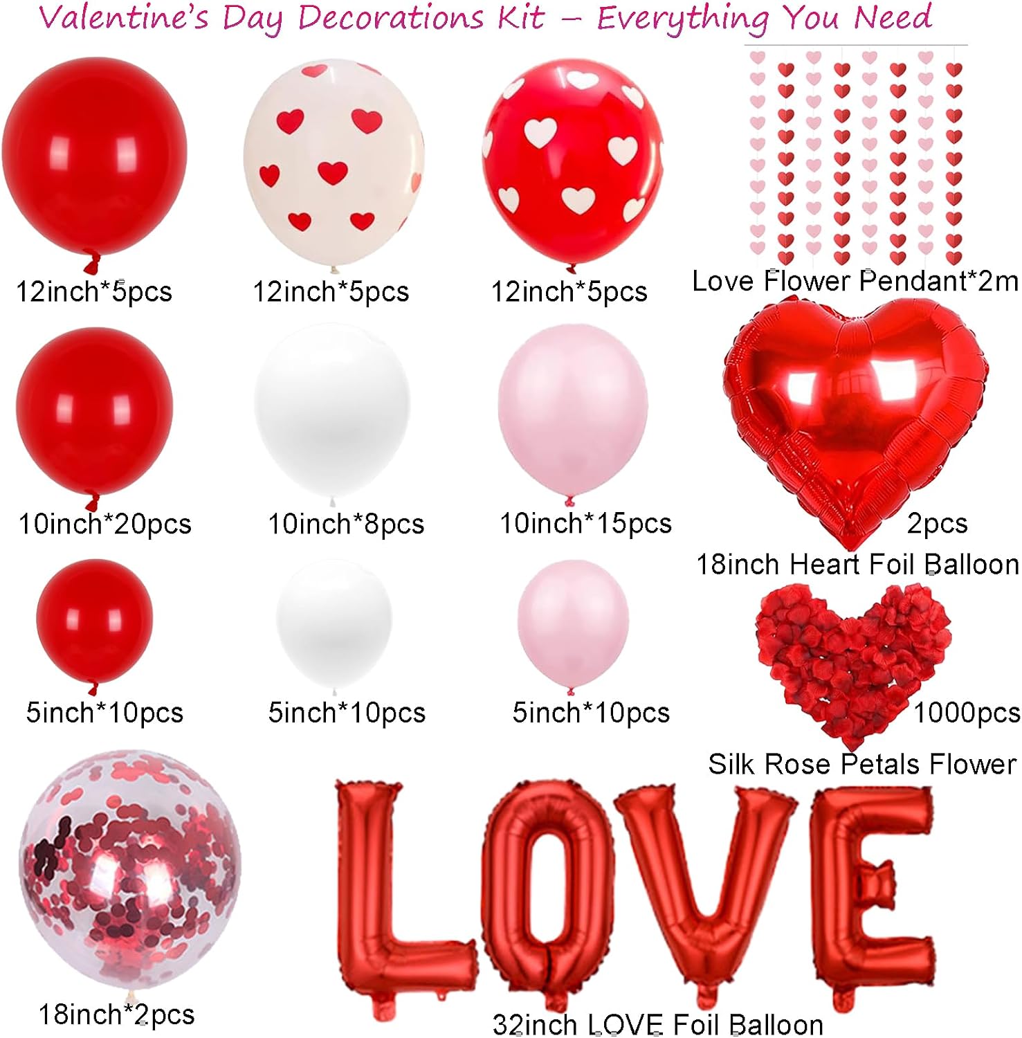 1082PCS I Love You Balloons, Happy Anniversary Decorations with Pink Red Heart Print Balloon, Red Heart 32'' LOVE Foil Balloons, Rose Petals, Heart Hanging for Romantic Night Valentine Day Decorations