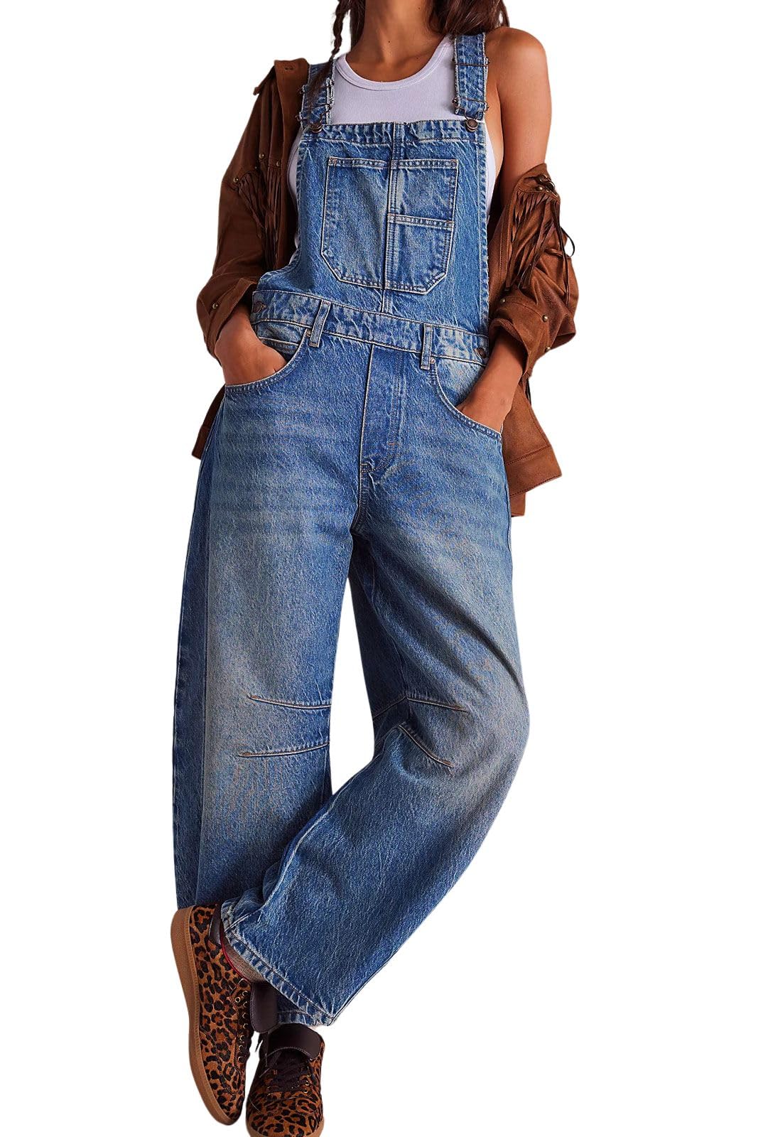 CHARTOU Women Casual Denim Bib Overalls Baggy Barrel Jeans
