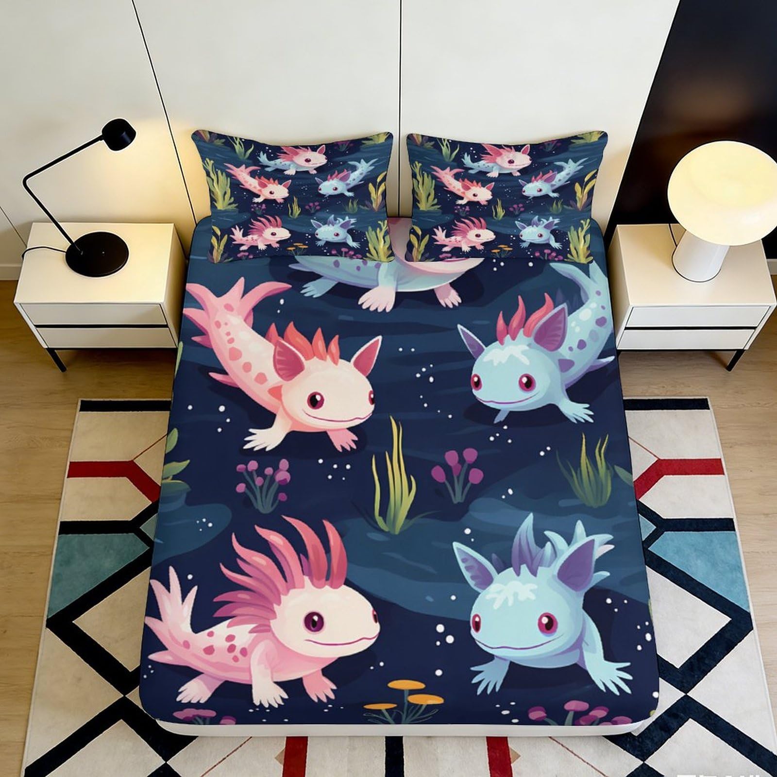 3D Printed Cute Axolotl Fitted Sheet Microfiber Soft Breathable Underwater Creatures Bed Cover for Bedroom Dormitory Guest Room Mattress Protection 180x200x25cm
