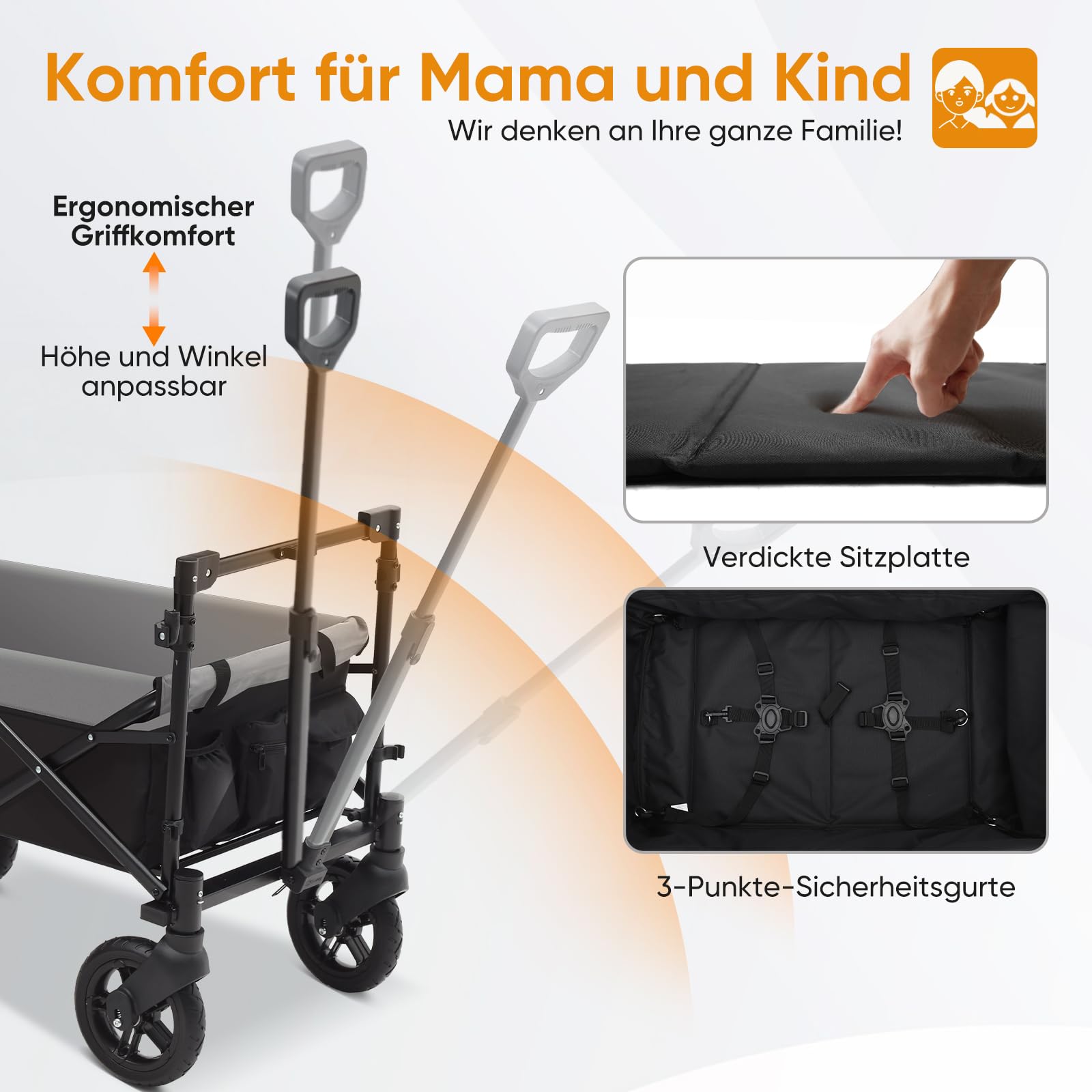 Sekey Faltbarer Bollerwagen Kinder mit 150KG Tragkraft, Handwagen Klappbar für Kinder mit Schiebegriff und Bremsen, TP5050, Schwarz mit Grau