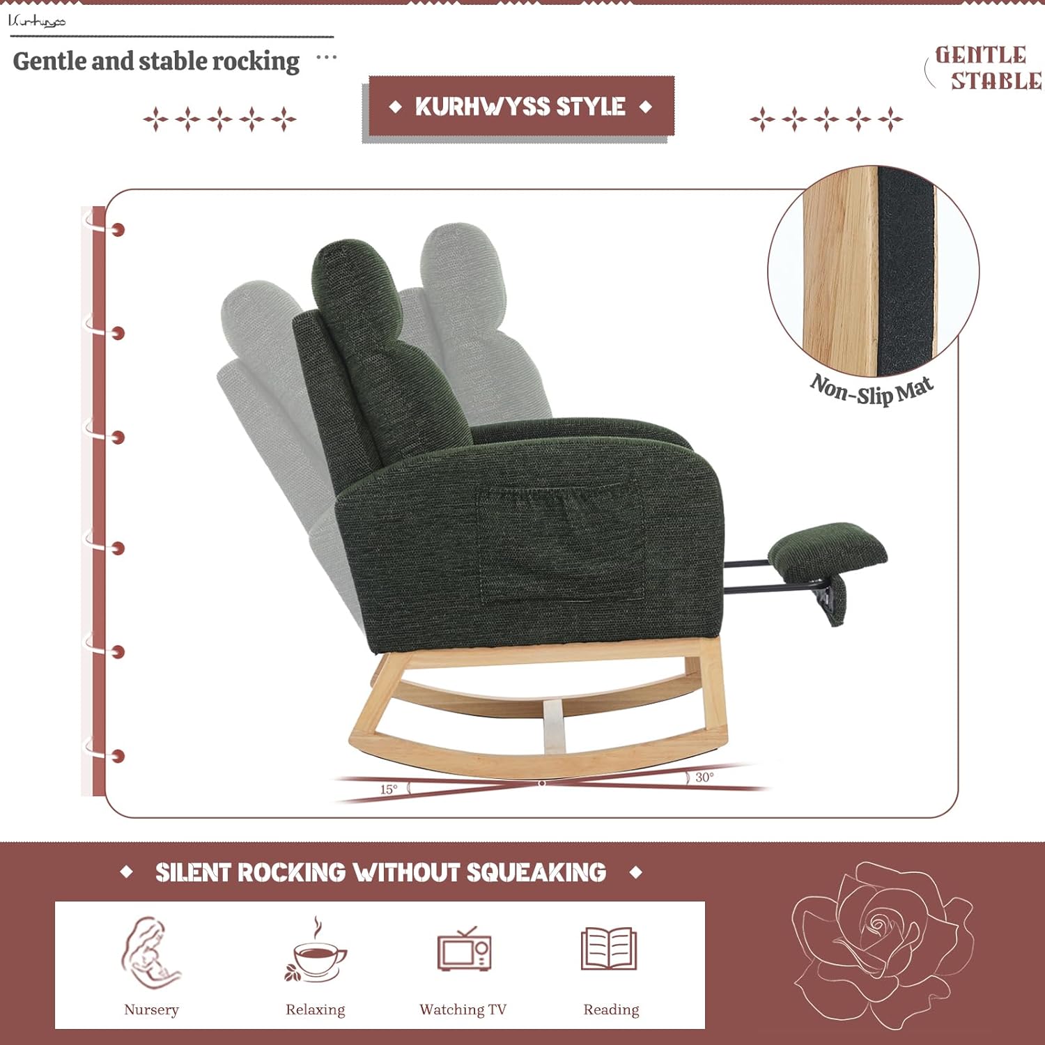 Rocking Chair Nursery with Foot Rest, Modern Glider Chair with Side Pocket, Upholstered High Back Comfy Nursing Rocker with Solid Rubber Wood Legs for Living Room, Bedroom, Dark Green Linen