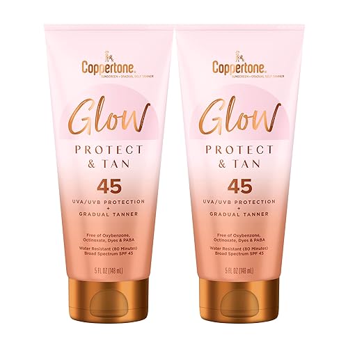 Coppertone Glow Protect and Tan Sunscreen Lotion with Gradual Self Tanner SPF 45, Water Resistant Sunscreen, SPF 45 Broad Spectrum Sunscreen Pack, 5