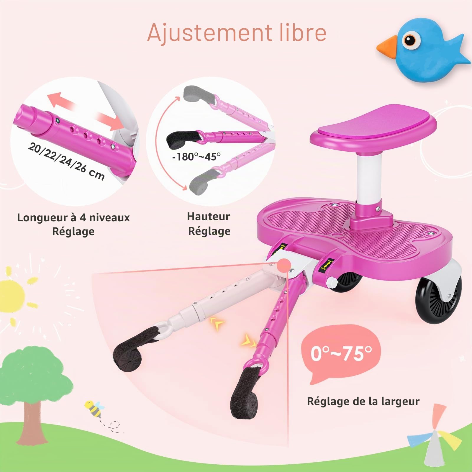 Planche Poussette Universelle Rose, Marche Pied Poussette Universelle avec Siège, Compatible 99% des Poussettes, Planche à Roulettes pour Enfants 2-6 Ans (25KG)
