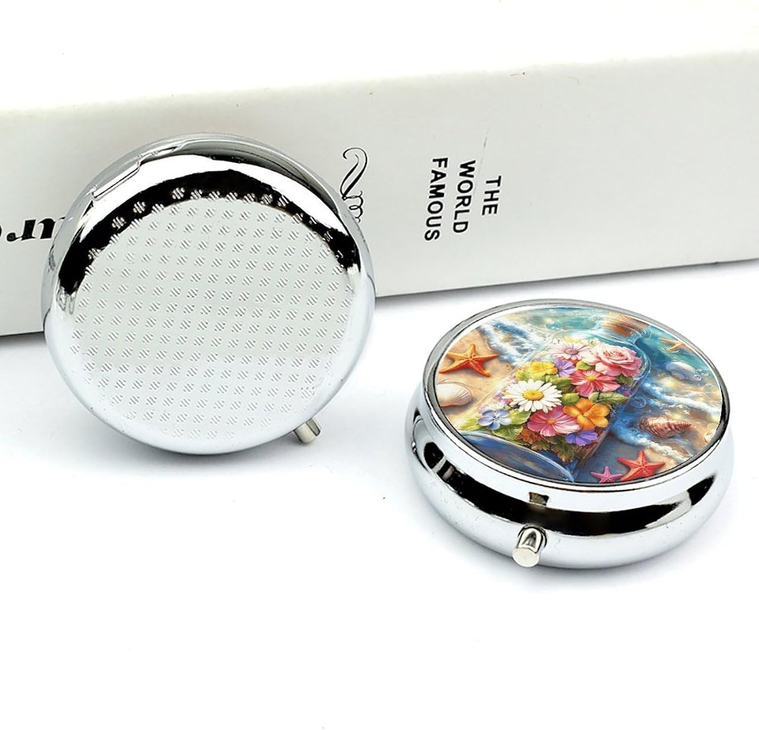 Beach Flower Round Pill Box with 3 Compartments & Mirror image 4